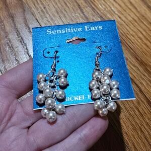 Sensitive Ears Silver-Tone Mixed Metal and Faux Pearl Cluster Dangle Earrings